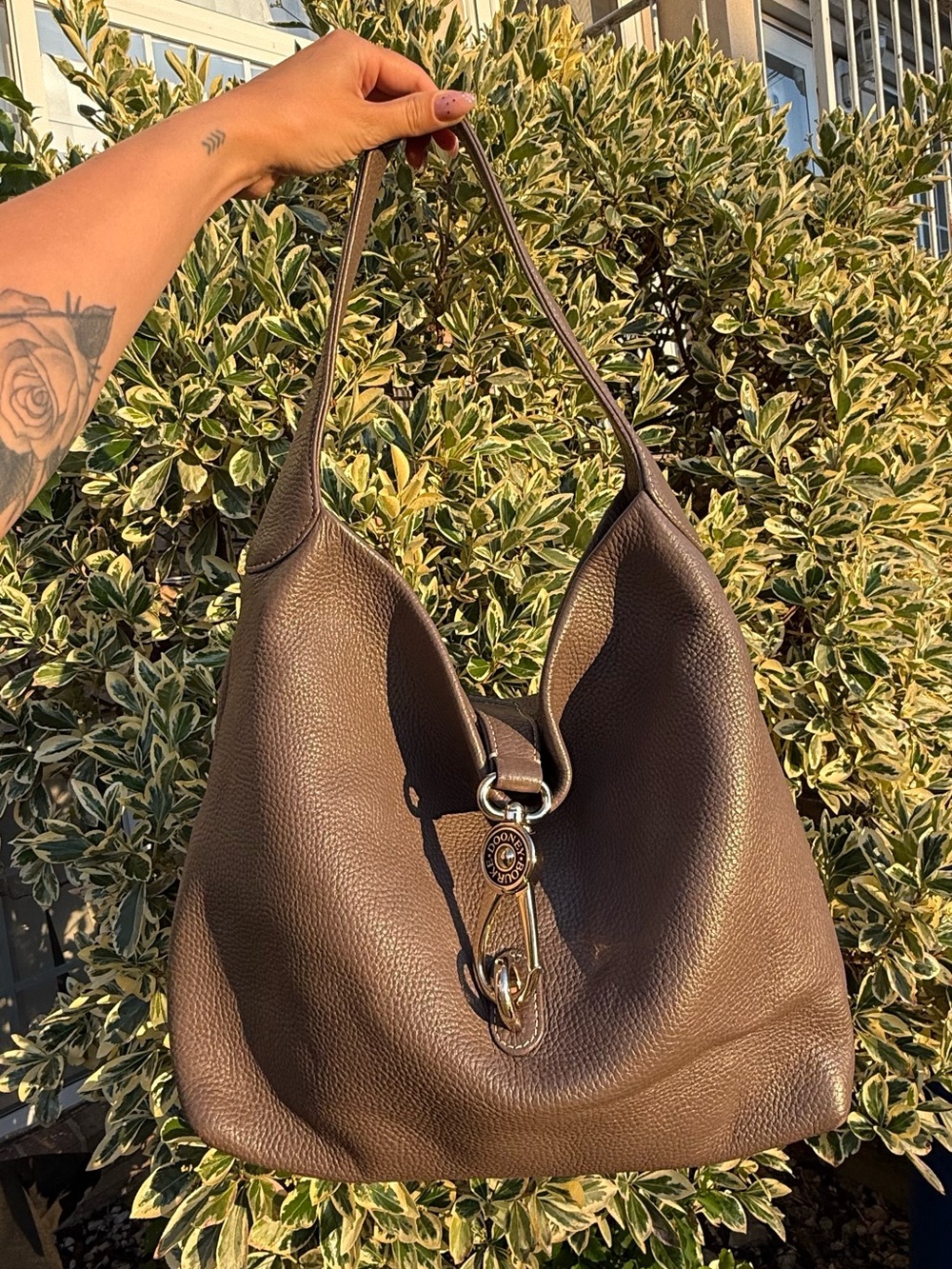 Dooney & Bourke Chocolate Brown Grey Pebbled Leather Slouchy Hobo